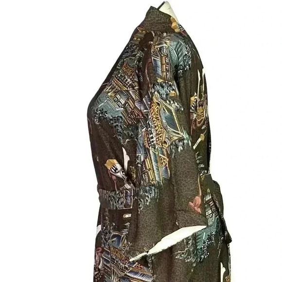 Japanese Kimono Brown Multicolor Mens Pagoda Samurai Helmet Print Lined Belt - Picture 6 of 8